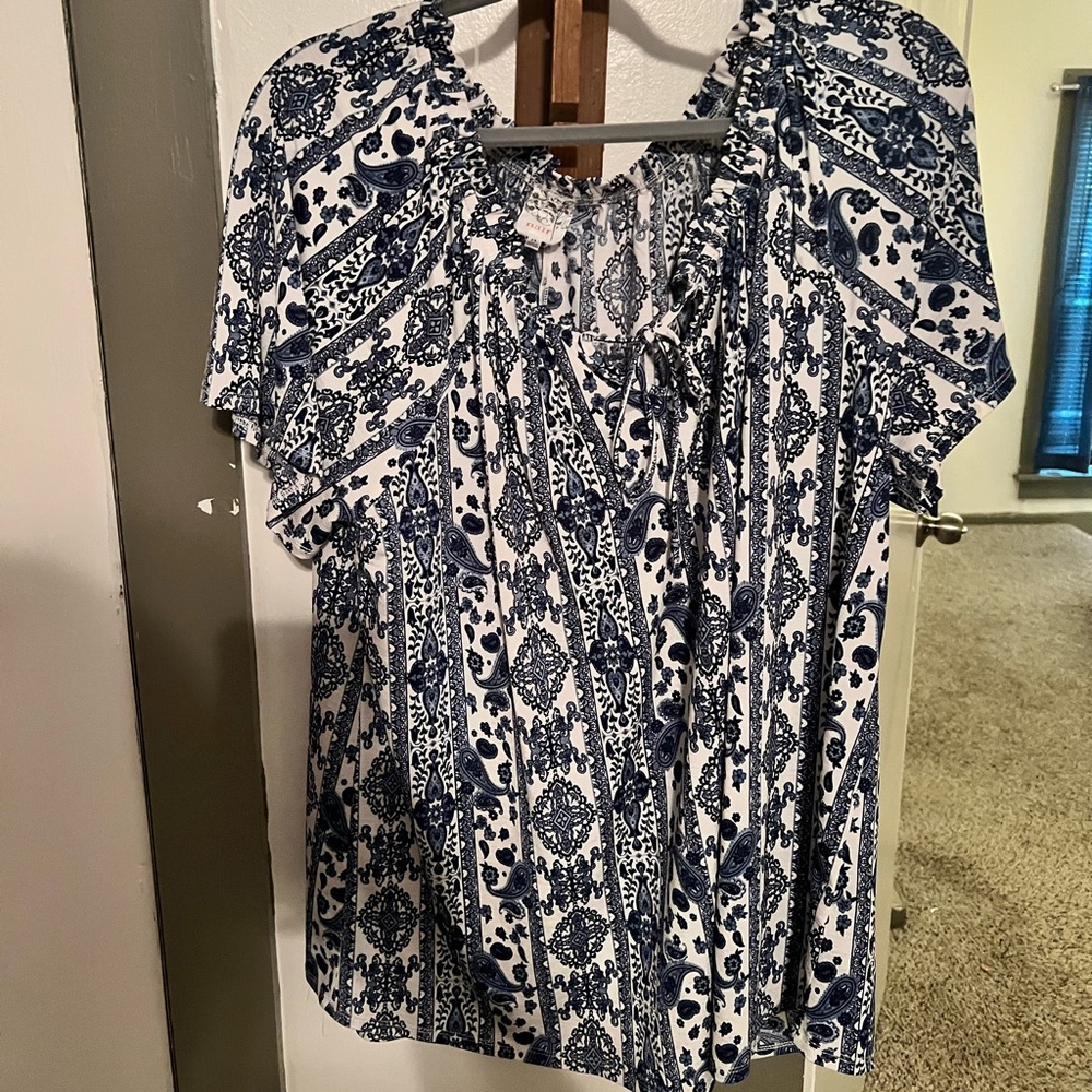 NAIF Blue, Black and White Ruched Tie Front Blouse